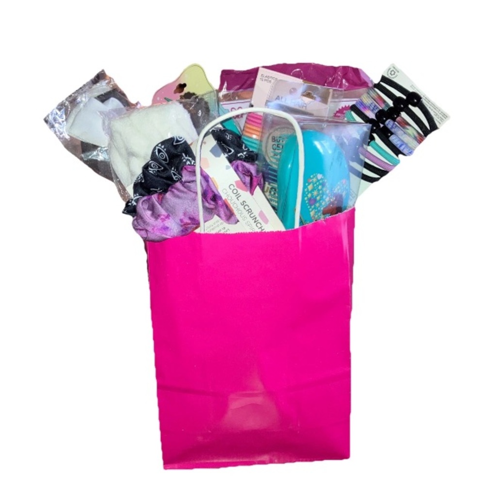 Girls Holiday Curly Hair Gift Bag Basket Bow Scunci Wet Brush Headwrap Scrunchie